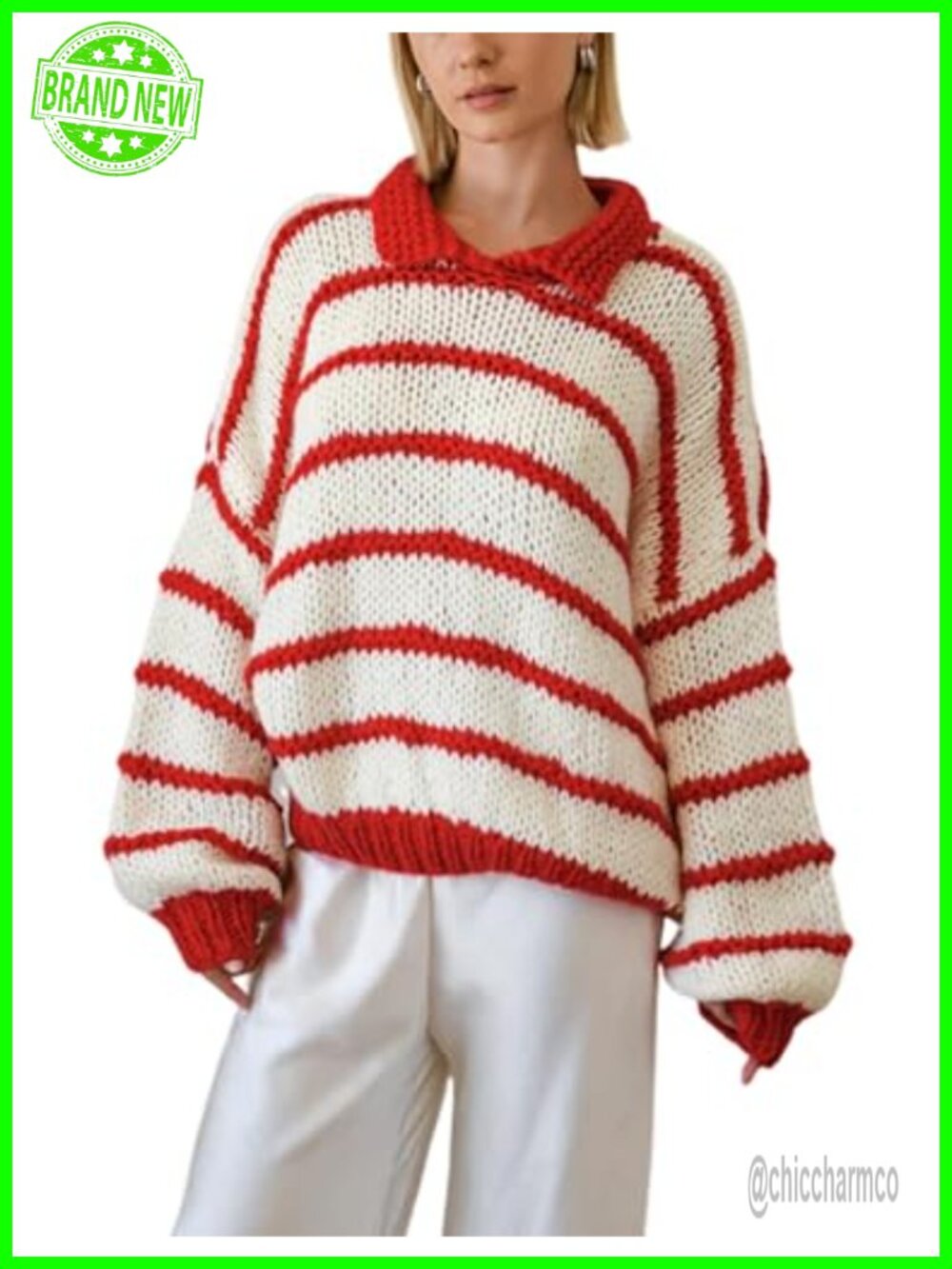 Oversized Striped Knit Pullover Sweater Drop Shoulder Balloon Sleeve Crewneck